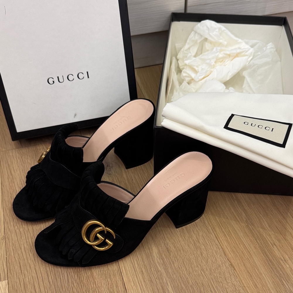 Gucci Marmont 75mm Mule Sandals – Black Suede – Size 37.5